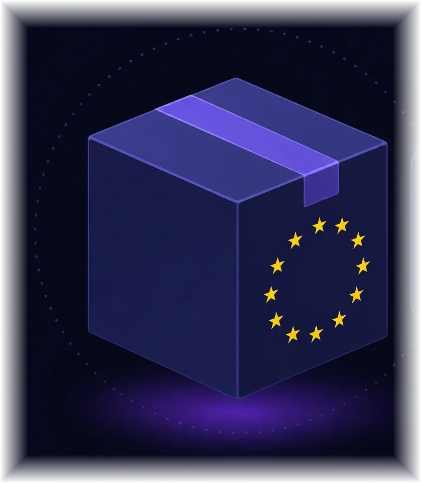 Parcel with EU stars and a card showing the new €3 fee per item type